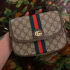Gucci Beige and Brown Crossbody Bag with Red and Green Stripe